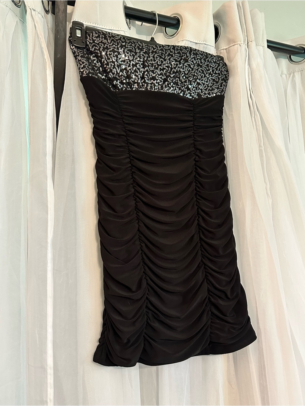 Wish Black Strapless Ruched Dress with Silver Sequin Bodice